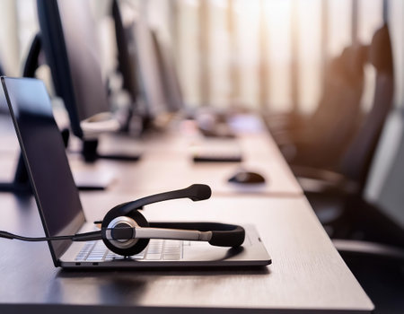 Headset and computer on desk in call center or telemarketing officeの素材
