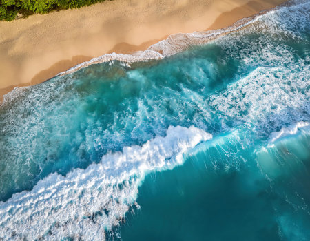 Aerial view of beautiful sandy beach with turquoise ocean wavesの素材