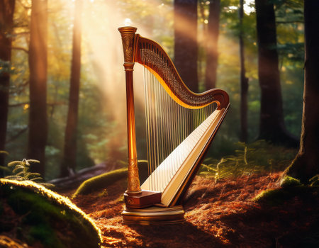 Harp in the forest at sunset. 3d rendering toned imageの素材