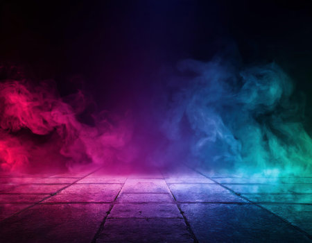 abstract scene of blue and pink smoke in the dark with floorの素材