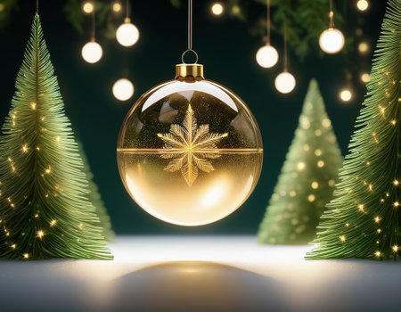 3D rendering Christmas ball with snowflake and fir tree on dark backgroundの素材