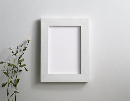 Blank picture frame mockup on white wall. 3D renderingの素材