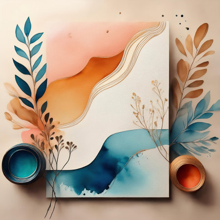 Creative composition with watercolor shapes and hand drawn plants. Minimalistic design.の素材