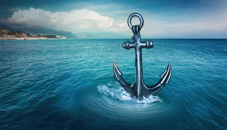 Anchor in the sea on a background of mountains. 3d renderingの素材