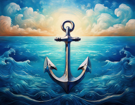 Anchor on the sea background. Sea and sky. Illustration.の素材
