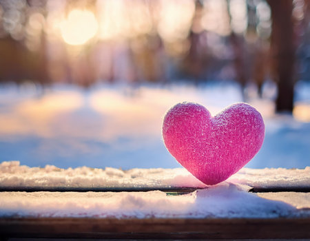 Pink heart on the snow in winter forest. Valentines day backgroundの素材
