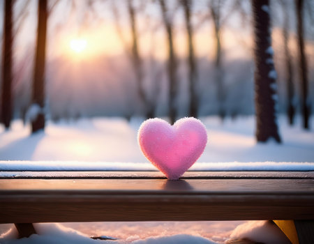 Pink heart on a bench in the winter forest. Valentines day backgroundの素材