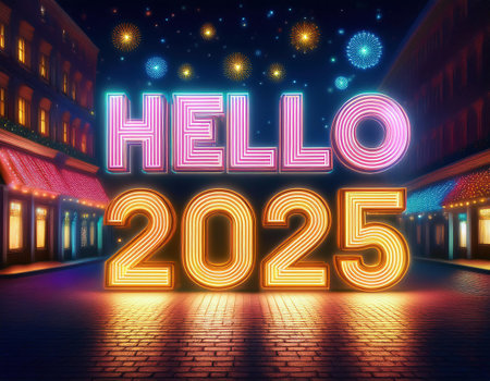 Hello 2015 in neon style on night city background. 3D renderingの素材