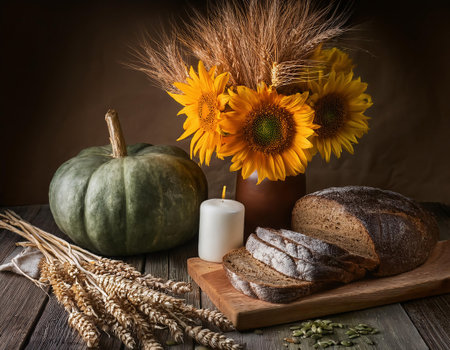 Still life with bread, pumpkin and sunflowers on wooden tableの素材