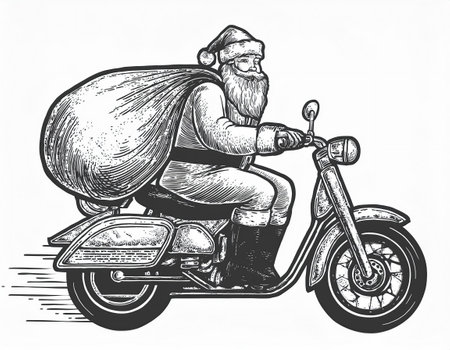 Santa Claus on a vintage scooter. Hand drawn vector illustration.の素材
