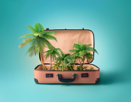 Travel suitcase with palm tree on blue background. 3d illustration.の素材