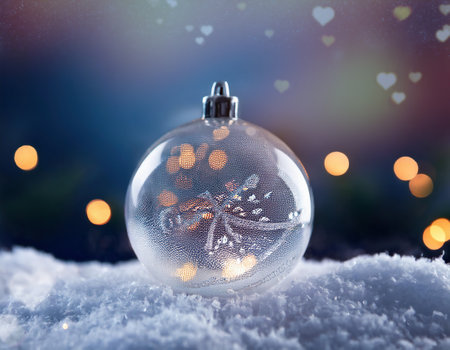 Christmas bauble on snow with bokeh lights on background.の素材