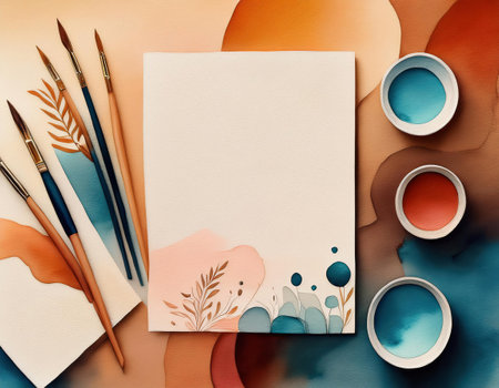 top view of blank paper, paintbrushes and leaves on colorful backgroundの素材