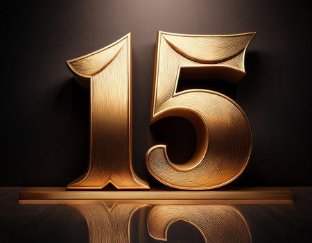 Number 15 gold on black background. 3D rendered Illustration.の素材