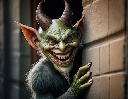 3D rendering of a green monster with horns coming out of a wallの素材