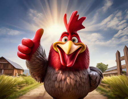 rooster with thumbs up in the farm. 3d rendering.の素材