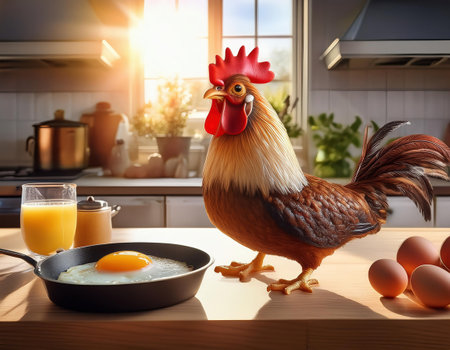 Rooster and eggs in the kitchen at sunset. Healthy food conceptの素材