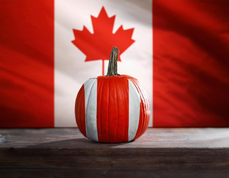 Pumpkin on the background of the flag of Canada. Halloween conceptの素材