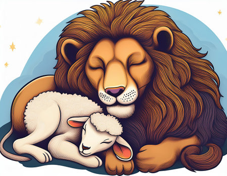 Lion and lamb in love. Vector illustration for your design.の素材