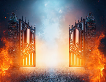 Old gate with fire and smoke in the background. 3d renderingの素材