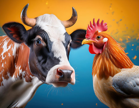 Funny cow and rooster on a blue background. Collage.の素材