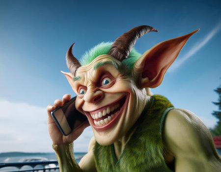 Funny clown talking on the phone. Conceptual image. 3d rendering.の素材
