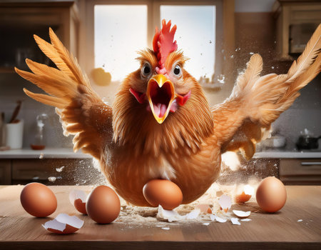Chicken in the kitchen with broken eggs and splashes of flour.の素材