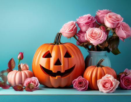 Halloween pumpkins with pink roses on blue background. Copy space.の素材