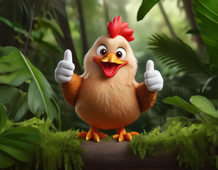 Cute chicken with thumbs up gesture in the jungle, 3d renderの素材