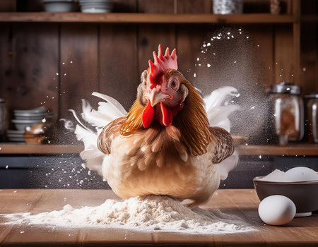 Chicken and flour on the table in the kitchen. Cooking concept.の素材