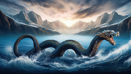 Dragon in the sea. 3D rendering. Computer digital drawing.の素材