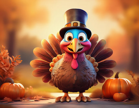 Thanksgiving turkey with hat and pumpkins in autumn forest, 3d renderの素材