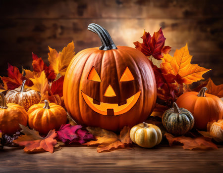 Halloween pumpkins and autumn leaves on wooden background, close upの素材