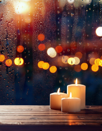 Candles on the background of a window with raindrops and bokehの素材