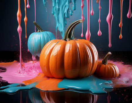 Halloween pumpkins with colorful splashes and drops on black backgroundの素材