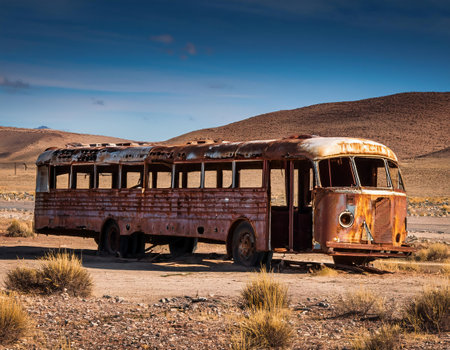 Old rusty bus in the Namib desert, Namibia, Africaの素材