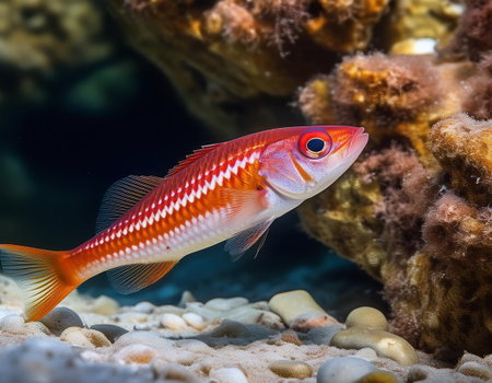 Photo of a beautiful red tropical fish swimming in the water on a coral reefの素材