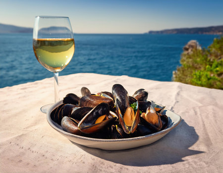 Mussels with a glass of white wine on the background of the seaの素材