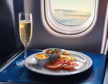 Bowl of champagne and bacon on the plane in the morning.の素材