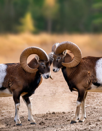 Mouflon Ram and Sheep in the National Park of Alberta, Canadaの素材
