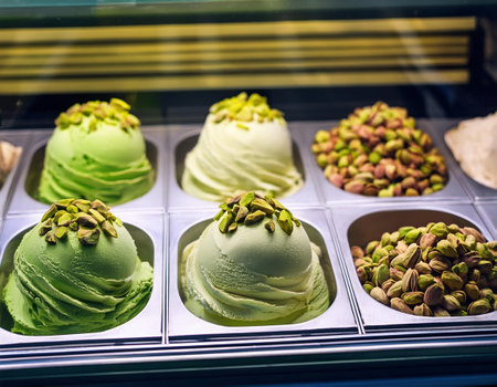 Selection of pistachio ice cream in a shop window.の素材