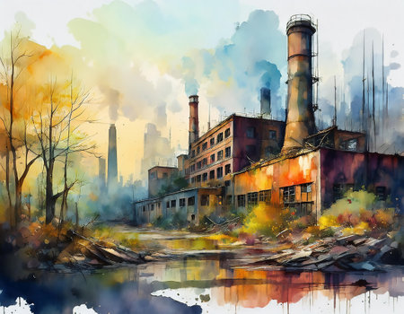 Digital watercolor painting of industrial landscape with a river and factory.の素材