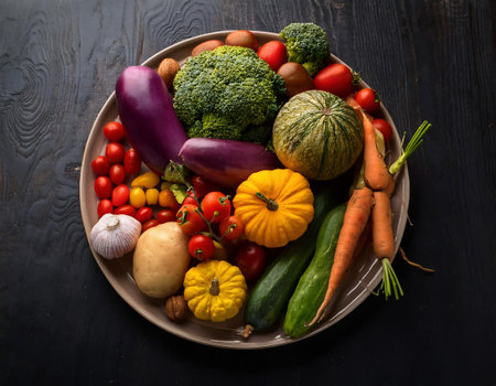 Fresh organic vegetables on a wooden background. Healthy food. Top view.の素材