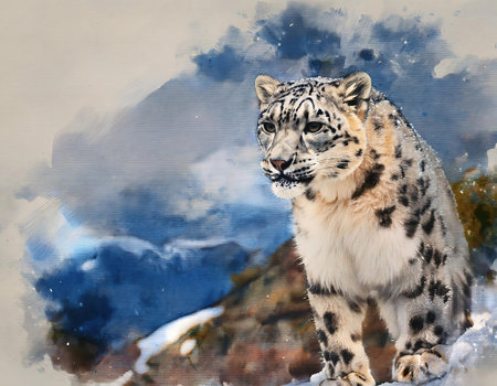 Watercolor painting of a snow leopard in the snowy mountains.の素材