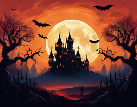 Halloween background with castle, bats and full moon. Vector illustration.の素材