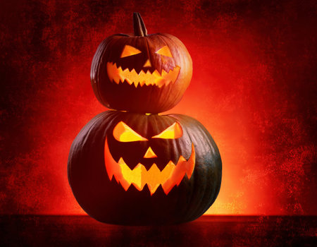 Halloween pumpkins on grunge background, 3d render.の素材