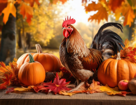Rooster with pumpkins and autumn leaves on a wooden table.の素材