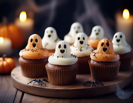 Halloween cupcakes with ghost and spiders on wooden table, closeupの素材