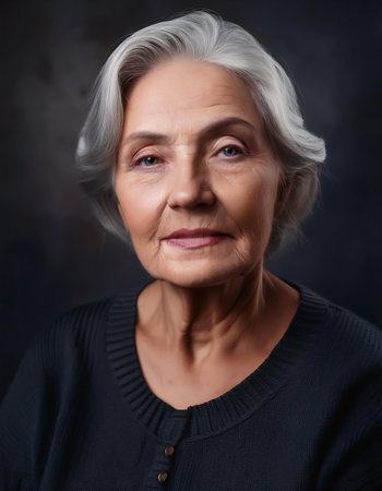 Portrait of a senior woman with grey hair on a dark backgroundの素材