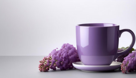 Purple cup of coffee with lilac flowers on white background.の素材